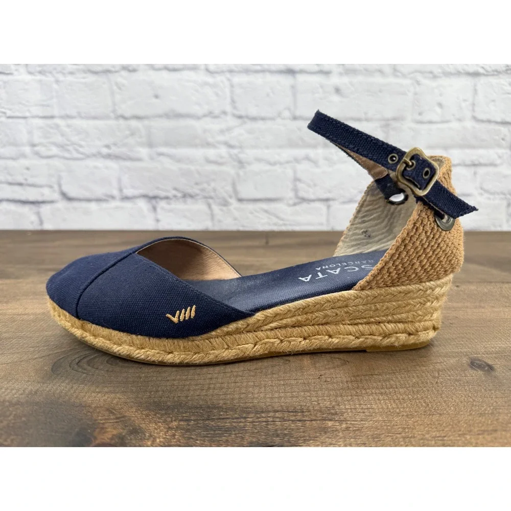 VISCATA Navy Canvas Espadrille Wedge Sandals with Ankle Strap - Picture 6 of 9